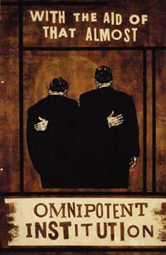 Cover painting: 'With The Aid of That Almost Omnipotent Institution,'<br />
        acrylic on canvas, by Friese Undine, 1999.